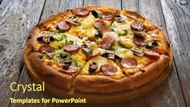  Presentation with mozzarella cheese - Slides consisting of circle-pizza-with-sausages-onion background and a tawny brown colored foreground