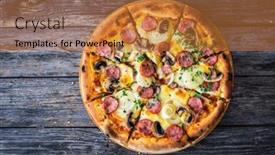  Presentation with mozzarella cheese - PPT theme featuring circle-pizza-with-sausages-onion background and a  colored foreground