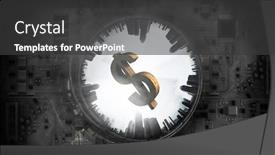  Presentation with om aum symbol - Slides consisting of computer hardware mixed media - circled cityscape and dollar symbol background and a dark gray colored foreground