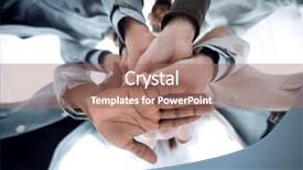  Presentation with team hands - Slide deck with circles folding - close up business team folded background and a coral colored foreground