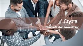  Presentation with team hands - PPT theme with circles folding - close up multinational business team background and a  colored foreground