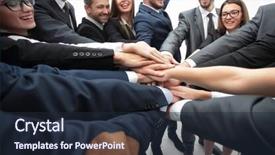  Presentation with business team join hands white - Presentation design having circles folding - large business team standing background and a  colored foreground