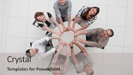  Presentation with business team join hands white - Presentation theme featuring circles folding - smiling business team folded their background and a light gray colored foreground