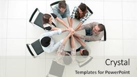  Presentation with team business top view - Beautiful PPT theme featuring circles folding - top view the smiling business backdrop and a light gray colored foreground