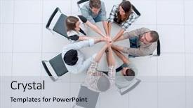  Presentation with team business top view - Colorful slide deck enhanced with circles folding - top view the smiling business backdrop and a lemonade colored foreground