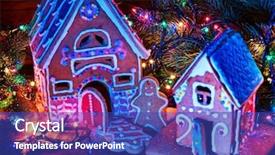  Presentation with christmas holiday gingerbread - Slide set consisting of circles rows - ginger bread houses with christmas background and a royal blue colored foreground