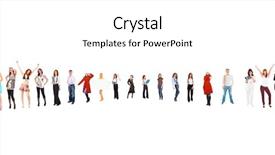  Presentation with five business people standing together and smiling - Slide deck having circles rows - together we stand united colleagues background and a white colored foreground