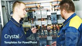  Presentation with electrical components - Presentation theme featuring circuit breaker - two electricians builder engineers discussing background and a ocean colored foreground