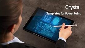  Presentation with analyses - PPT theme consisting of circuit diagram - business woman making analyses background and a tawny brown colored foreground