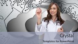  Presentation with microwave imaging image of modern - Slide deck having surface coating technology - composite image of smiling brunette background and a light blue colored foreground