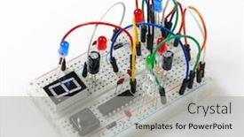 Presentation with electric circuit - Cool new slides with circuit mounting plate with mounted electronic component unit part radio equipment and digital microchip - diy kit for learning training and development of electric circuits backdrop and a light gray colored foreground