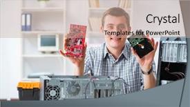 Presentation with computer workshop - Amazing slide deck having circuitry - young technician repairing computer backdrop and a coral colored foreground