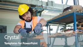  Presentation with steel industry man grinding - PPT theme featuring circular motion - young manual worker in protective background and a ocean colored foreground