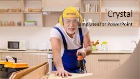  Presentation with contractor - PPT theme having circular zigsaw - aged contractor repairman working background and a soft green colored foreground