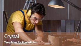  Presentation with woodworking - PPT theme featuring circular zigsaw - worker working in repair workshop background and a tawny brown colored foreground