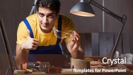  Presentation with woodworking - Theme with circular zigsaw - worker working in repair workshop background and a  colored foreground