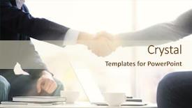  Presentation with shaking hands - Amazing slide deck having circumstance - two men shaking hands backdrop and a  colored foreground