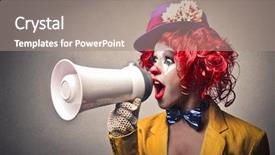  Presentation with speaking - Presentation theme featuring circus - beautiful clown speaking with megaphone background and a gray colored foreground