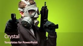  Presentation with nuclear weapons and gas mask - Beautiful presentation theme featuring cirme humanity - businessman holding gun with gas backdrop and a wine colored foreground