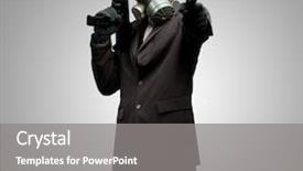  Presentation with nuclear weapons and gas mask - PPT theme with cirme humanity - businessman holding gun with gas background and a gray colored foreground