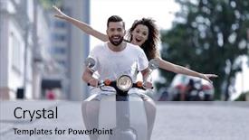  Presentation with young happy couple - PPT theme enhanced with cities along road - happy young couple riding background and a light blue colored foreground