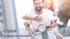  Presentation with young happy couple - Theme consisting of cities along road - happy young couple riding background and a light blue colored foreground