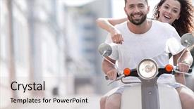  Presentation with young happy couple - Amazing presentation theme having cities along road - happy young couple riding backdrop and a soft green colored foreground