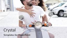  Presentation with young happy couple - Audience pleasing PPT theme consisting of cities along road - happy young couple riding backdrop and a light blue colored foreground