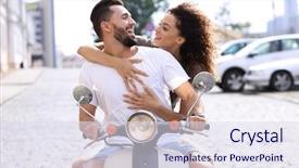  Presentation with young happy couple - PPT layouts featuring cities along road - happy young couple riding background and a sky blue colored foreground