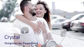  Presentation with young happy couple - Cool new slide deck with cities along road - happy young couple riding backdrop and a sky blue colored foreground