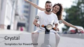  Presentation with young happy couple - Presentation design featuring cities along road - happy young couple riding background and a light gray colored foreground