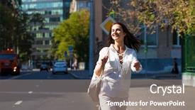  Presentation with white and black woman climbing ladders - PPT theme having cities along road - young beautiful brunette woman background and a  colored foreground