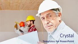  Presentation with senior citizen - Slides enhanced with citizen as foreman with floorplan background and a sky blue colored foreground