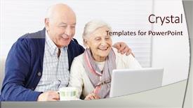  Presentation with senior citizen - Slide set featuring citizen couple using laptop computer background and a sky blue colored foreground