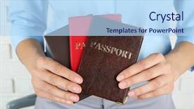  Presentation with trophy award hand holding - PPT layouts with citizen data - female hand holding passports closeup background and a light blue colored foreground