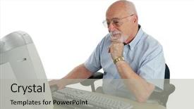  Presentation with research interview - Beautiful slide set featuring citizen data - intelligent senior man doing research backdrop and a  colored foreground