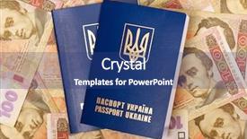  Presentation with international trade payment - Theme consisting of citizen data - two international ukrainian passports background and a ocean colored foreground