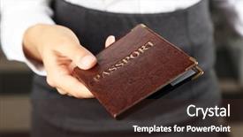  Presentation with cannabis marijuana leaves passport - Presentation design having citizen data - woman holding passport close up background and a tawny brown colored foreground