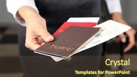  Presentation with empowered woman - Theme having citizen data - woman with suitcase holding passports background and a tawny brown colored foreground