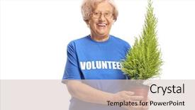  Presentation with volunteer - Cool new PPT theme with citizen participation - elderly lady volunteer holding backdrop and a lemonade colored foreground