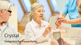  Presentation with senior citizen - PPT theme having citizen with a tablet computer background and a lemonade colored foreground