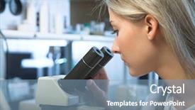  Presentation with microscope - Presentation theme featuring citology - beauty researcher looking through microscope background and a teal colored foreground