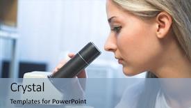  Presentation with microscope - Presentation theme consisting of citology - beauty researcher looking through microscope background and a light blue colored foreground