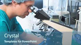  Presentation with microscope - Presentation theme having citology - male researcher looking through microscope background and a ocean colored foreground