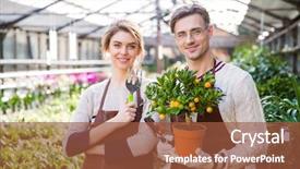  Presentation with garden tools - Audience pleasing presentation design consisting of citrus family - happy attractive woman and man backdrop and a tawny brown colored foreground