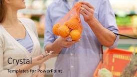  Presentation with grocery store - PPT theme having citrus family - shopping food sale consumerism background and a coral colored foreground