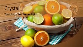  Presentation with lemons - PPT theme enhanced with citrus fruits in basket oranges limes and lemons over wooden table background background and a gold colored foreground