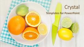  Presentation with lemons - Colorful presentation enhanced with citrus fruits oranges limes and lemons over wooden table background backdrop and a soft green colored foreground