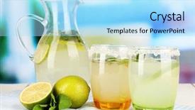  Presentation with lemonade - Colorful presentation design enhanced with citrus lemonade in pitcher and glasses on wooden table on room background backdrop and a light blue colored foreground