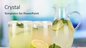  Presentation with lemonade - Amazing presentation design having citrus lemonade in pitcher and glasses on wooden table on room background backdrop and a sky blue colored foreground